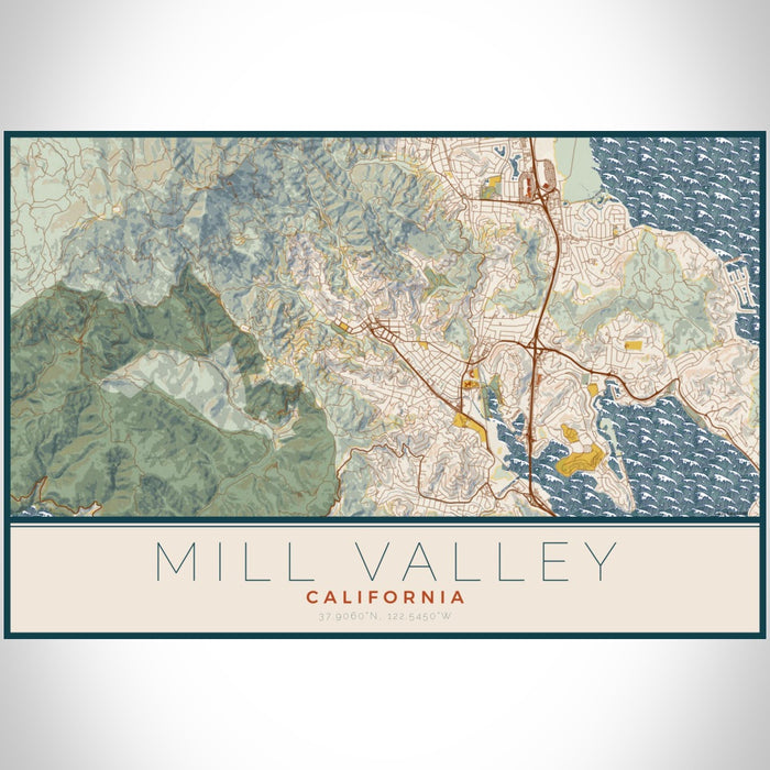 Mill Valley California Map Print Landscape Orientation in Woodblock Style With Shaded Background