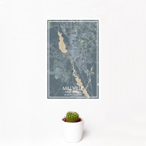 12x18 Millville New Jersey Map Print Portrait Orientation in Afternoon Style With Small Cactus Plant in White Planter