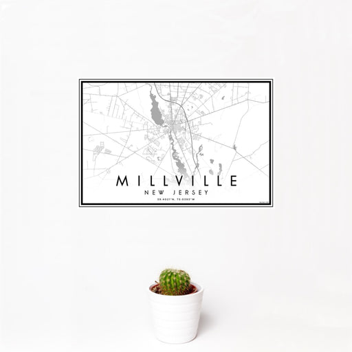 12x18 Millville New Jersey Map Print Landscape Orientation in Classic Style With Small Cactus Plant in White Planter