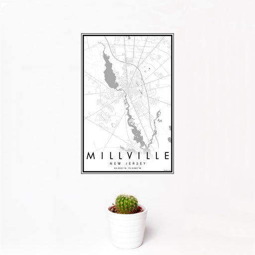 12x18 Millville New Jersey Map Print Portrait Orientation in Classic Style With Small Cactus Plant in White Planter