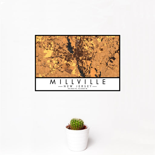 12x18 Millville New Jersey Map Print Landscape Orientation in Ember Style With Small Cactus Plant in White Planter
