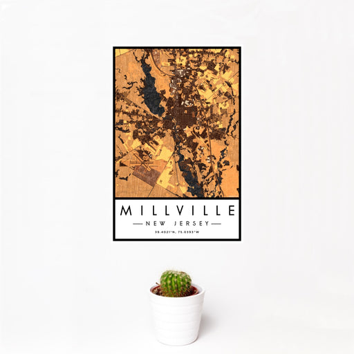 12x18 Millville New Jersey Map Print Portrait Orientation in Ember Style With Small Cactus Plant in White Planter