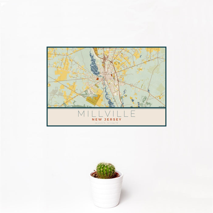 12x18 Millville New Jersey Map Print Landscape Orientation in Woodblock Style With Small Cactus Plant in White Planter