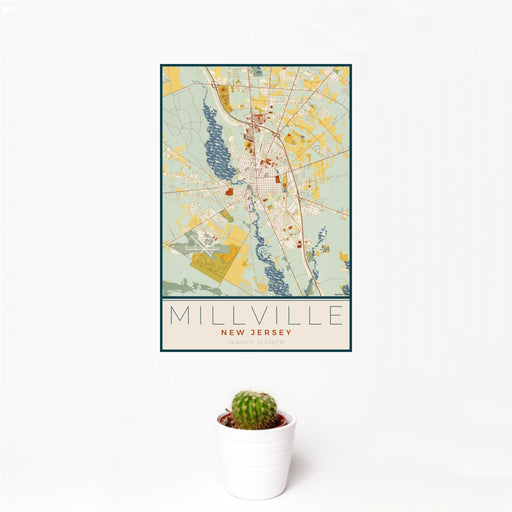 12x18 Millville New Jersey Map Print Portrait Orientation in Woodblock Style With Small Cactus Plant in White Planter