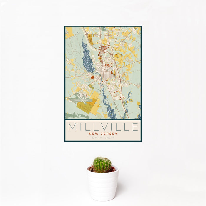 12x18 Millville New Jersey Map Print Portrait Orientation in Woodblock Style With Small Cactus Plant in White Planter