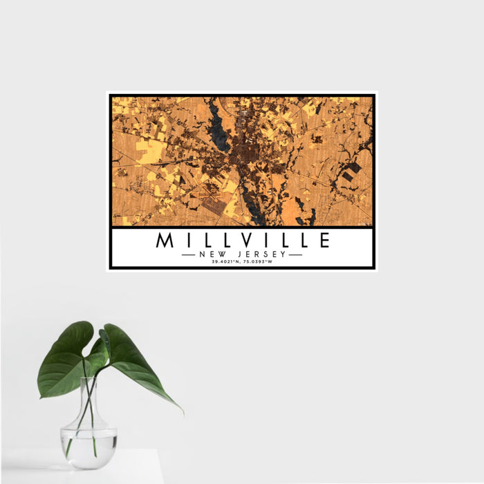 16x24 Millville New Jersey Map Print Landscape Orientation in Ember Style With Tropical Plant Leaves in Water