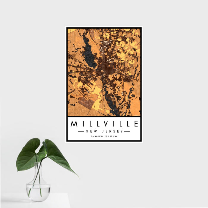 16x24 Millville New Jersey Map Print Portrait Orientation in Ember Style With Tropical Plant Leaves in Water