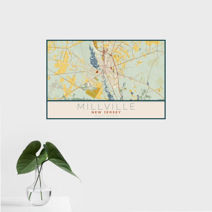 16x24 Millville New Jersey Map Print Landscape Orientation in Woodblock Style With Tropical Plant Leaves in Water