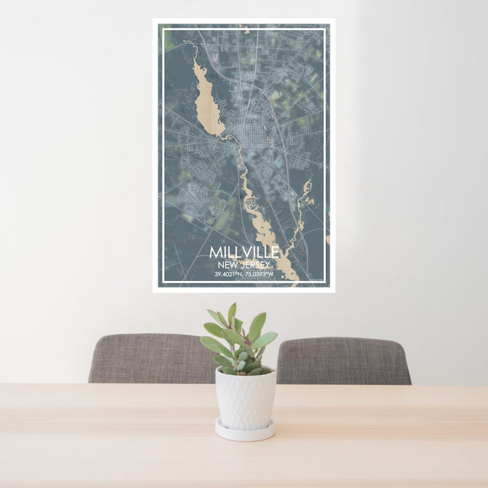 24x36 Millville New Jersey Map Print Portrait Orientation in Afternoon Style Behind 2 Chairs Table and Potted Plant