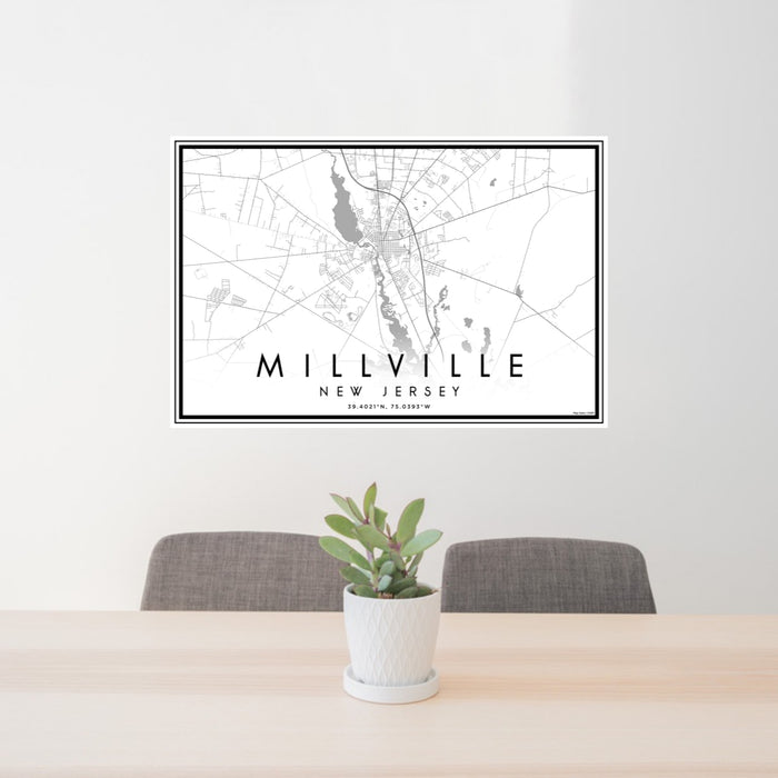 24x36 Millville New Jersey Map Print Lanscape Orientation in Classic Style Behind 2 Chairs Table and Potted Plant