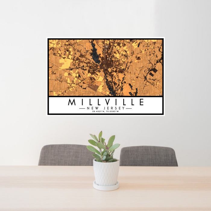 24x36 Millville New Jersey Map Print Lanscape Orientation in Ember Style Behind 2 Chairs Table and Potted Plant
