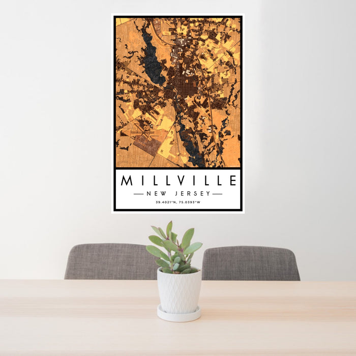 24x36 Millville New Jersey Map Print Portrait Orientation in Ember Style Behind 2 Chairs Table and Potted Plant