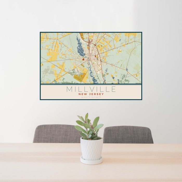 24x36 Millville New Jersey Map Print Lanscape Orientation in Woodblock Style Behind 2 Chairs Table and Potted Plant