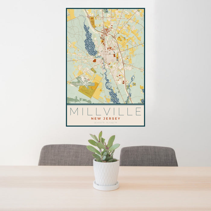24x36 Millville New Jersey Map Print Portrait Orientation in Woodblock Style Behind 2 Chairs Table and Potted Plant