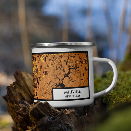 Right View Custom Millville New Jersey Map Enamel Mug in Ember on Grass With Trees in Background