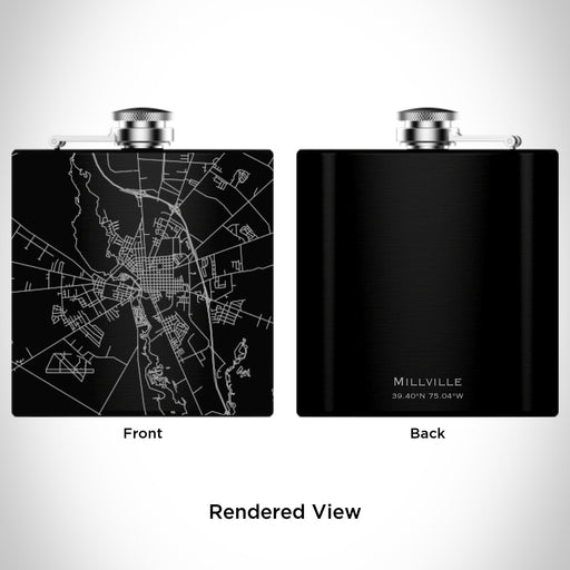 Rendered View of Millville New Jersey Map Engraving on 6oz Stainless Steel Flask in Black