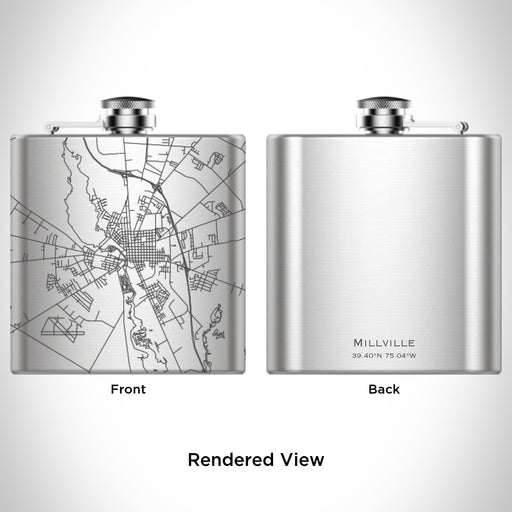 Rendered View of Millville New Jersey Map Engraving on 6oz Stainless Steel Flask