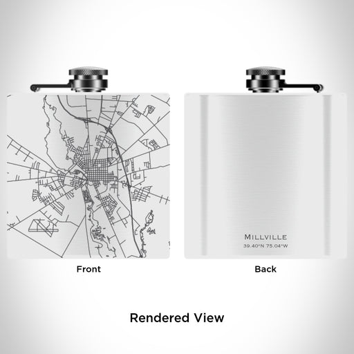Rendered View of Millville New Jersey Map Engraving on 6oz Stainless Steel Flask in White