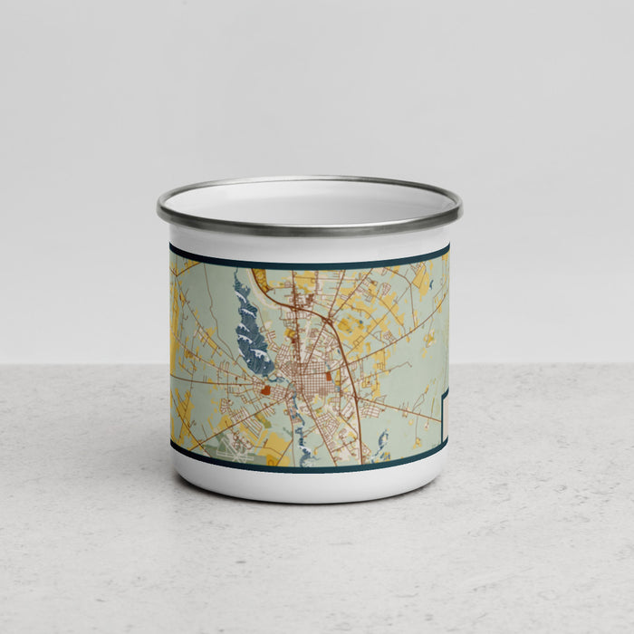 Front View Custom Millville New Jersey Map Enamel Mug in Woodblock