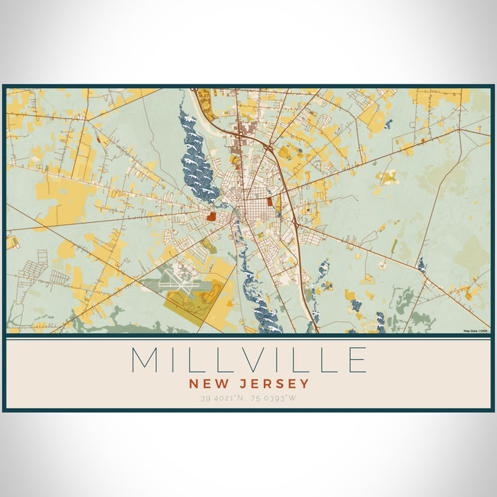 Millville New Jersey Map Print Landscape Orientation in Woodblock Style With Shaded Background