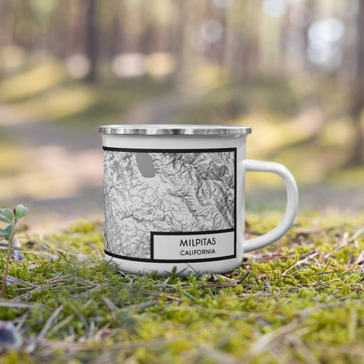 Right View Custom Milpitas California Map Enamel Mug in Classic on Grass With Trees in Background