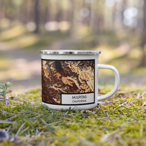 Right View Custom Milpitas California Map Enamel Mug in Ember on Grass With Trees in Background