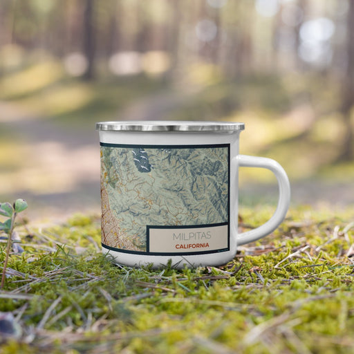 Right View Custom Milpitas California Map Enamel Mug in Woodblock on Grass With Trees in Background