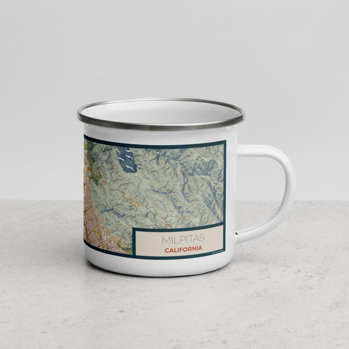 Right View Custom Milpitas California Map Enamel Mug in Woodblock