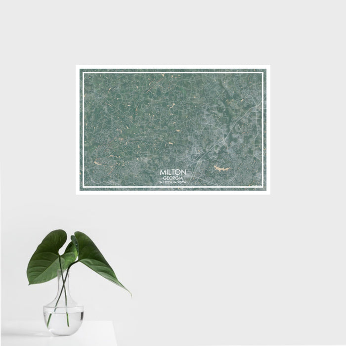 16x24 Milton Georgia Map Print Landscape Orientation in Afternoon Style With Tropical Plant Leaves in Water