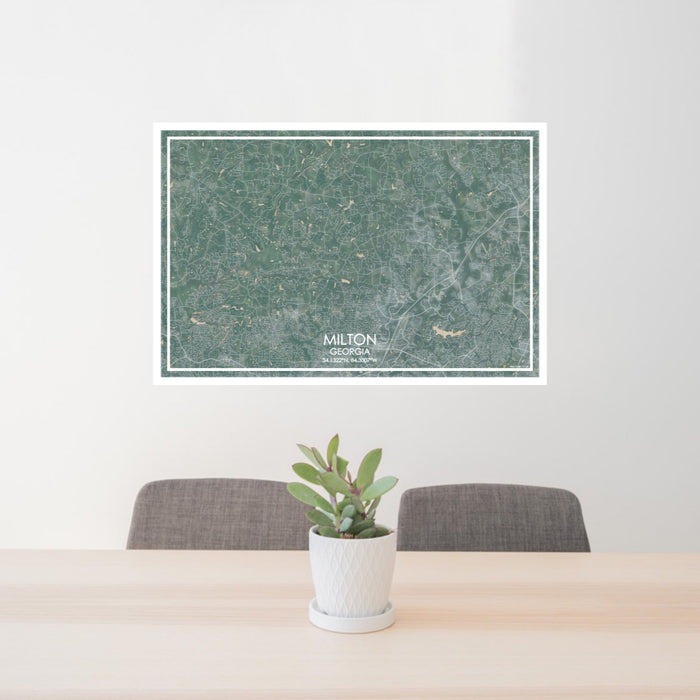 24x36 Milton Georgia Map Print Lanscape Orientation in Afternoon Style Behind 2 Chairs Table and Potted Plant