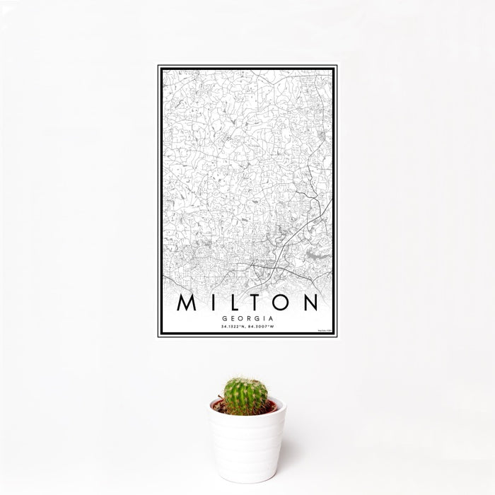 12x18 Milton Georgia Map Print Portrait Orientation in Classic Style With Small Cactus Plant in White Planter