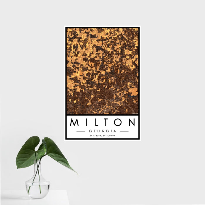 16x24 Milton Georgia Map Print Portrait Orientation in Ember Style With Tropical Plant Leaves in Water