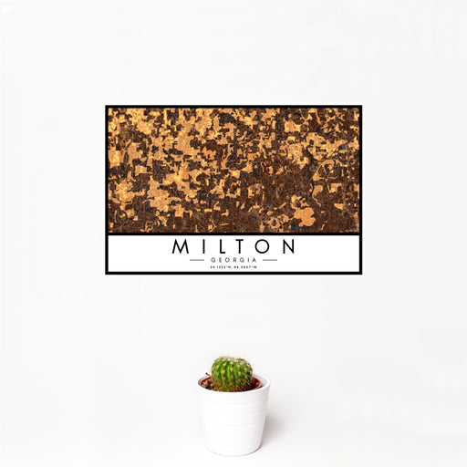 12x18 Milton Georgia Map Print Landscape Orientation in Ember Style With Small Cactus Plant in White Planter