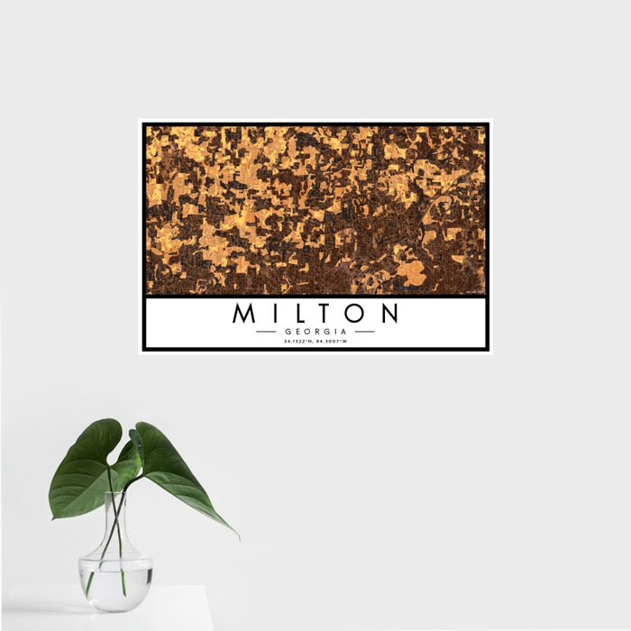 16x24 Milton Georgia Map Print Landscape Orientation in Ember Style With Tropical Plant Leaves in Water