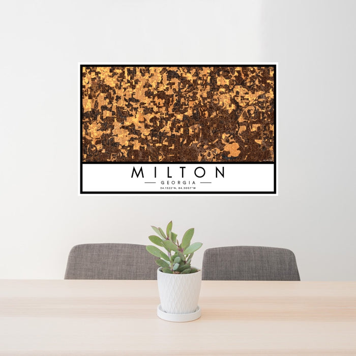 24x36 Milton Georgia Map Print Landscape Orientation in Ember Style Behind 2 Chairs Table and Potted Plant