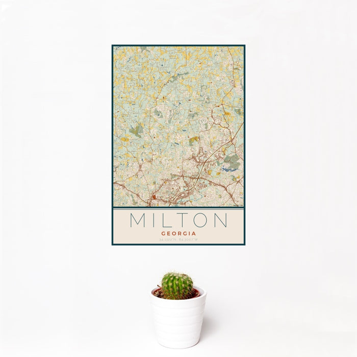 12x18 Milton Georgia Map Print Portrait Orientation in Woodblock Style With Small Cactus Plant in White Planter