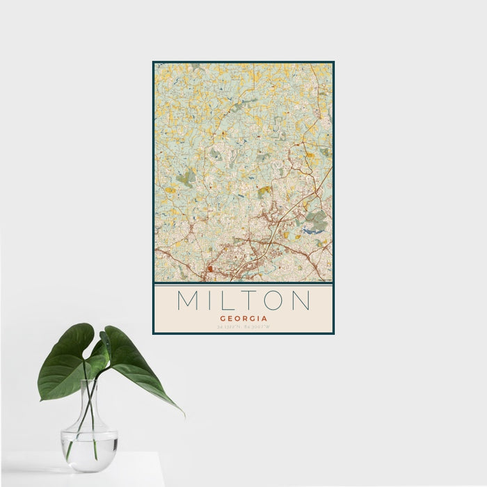 16x24 Milton Georgia Map Print Portrait Orientation in Woodblock Style With Tropical Plant Leaves in Water