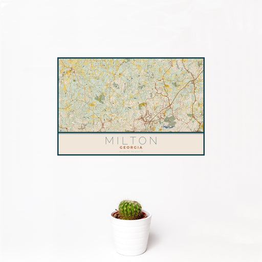 12x18 Milton Georgia Map Print Landscape Orientation in Woodblock Style With Small Cactus Plant in White Planter