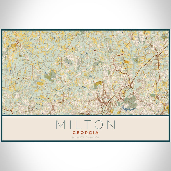 Milton Georgia Map Print Landscape Orientation in Woodblock Style With Shaded Background