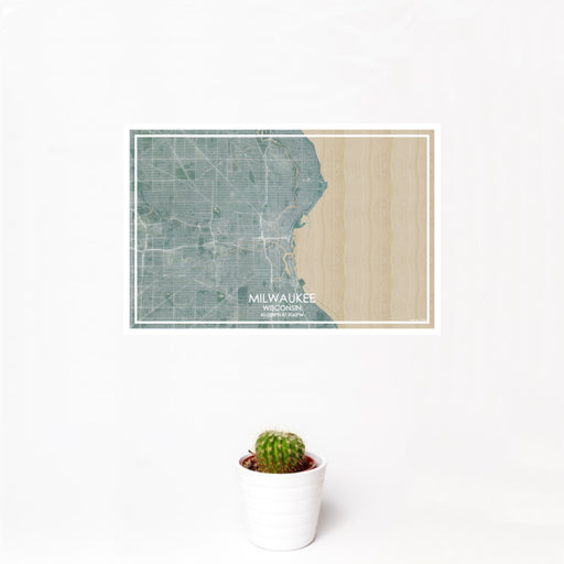 12x18 Milwaukee Wisconsin Map Print Landscape Orientation in Afternoon Style With Small Cactus Plant in White Planter