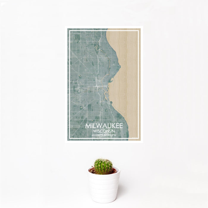 12x18 Milwaukee Wisconsin Map Print Portrait Orientation in Afternoon Style With Small Cactus Plant in White Planter