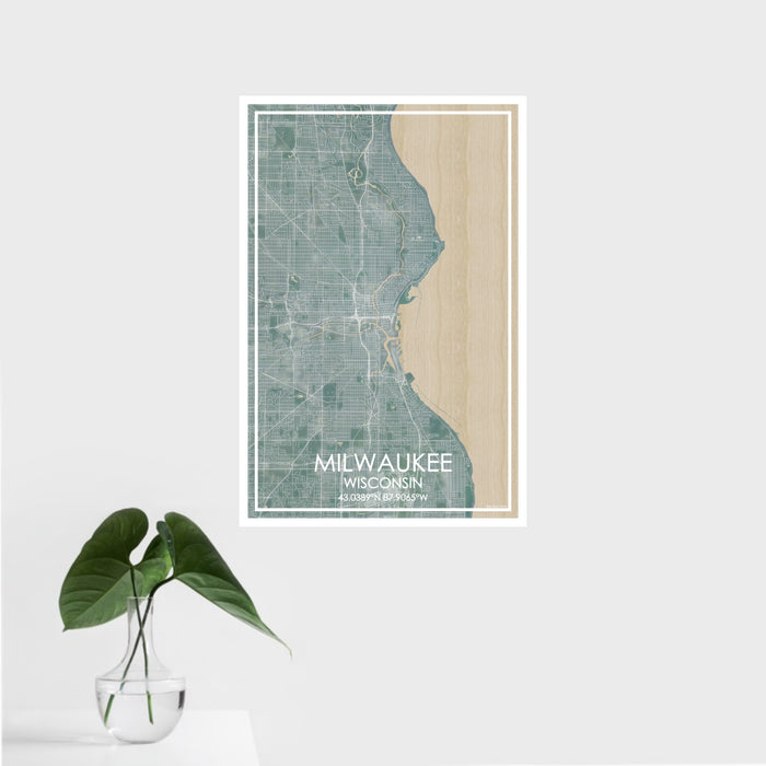 16x24 Milwaukee Wisconsin Map Print Portrait Orientation in Afternoon Style With Tropical Plant Leaves in Water
