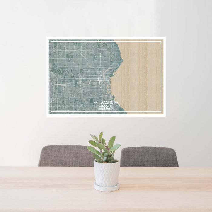 24x36 Milwaukee Wisconsin Map Print Lanscape Orientation in Afternoon Style Behind 2 Chairs Table and Potted Plant
