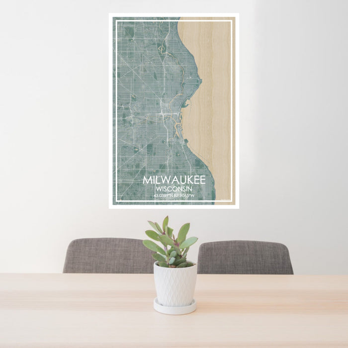 24x36 Milwaukee Wisconsin Map Print Portrait Orientation in Afternoon Style Behind 2 Chairs Table and Potted Plant