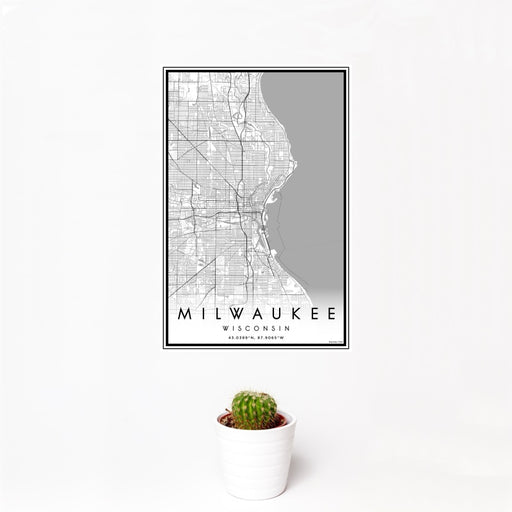 12x18 Milwaukee Wisconsin Map Print Portrait Orientation in Classic Style With Small Cactus Plant in White Planter