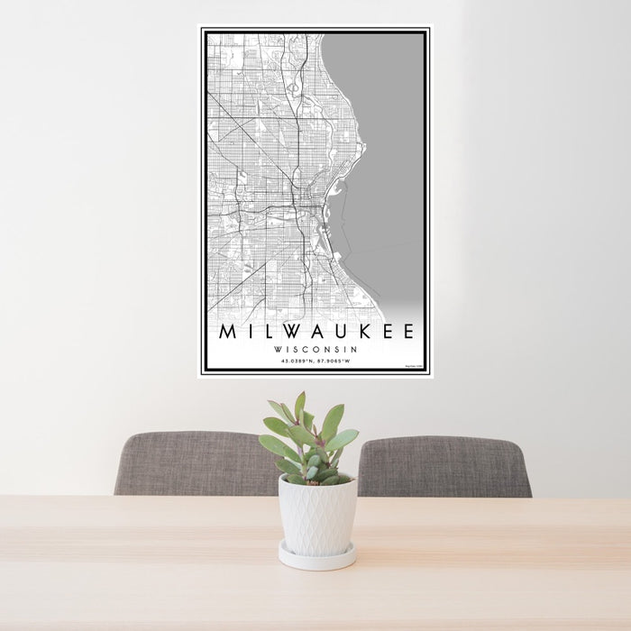 24x36 Milwaukee Wisconsin Map Print Portrait Orientation in Classic Style Behind 2 Chairs Table and Potted Plant