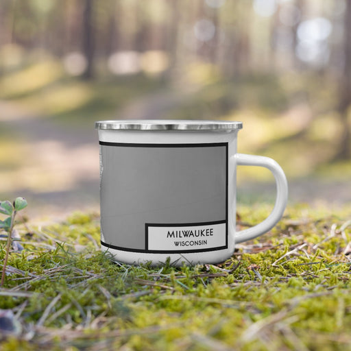 Right View Custom Milwaukee Wisconsin Map Enamel Mug in Classic on Grass With Trees in Background