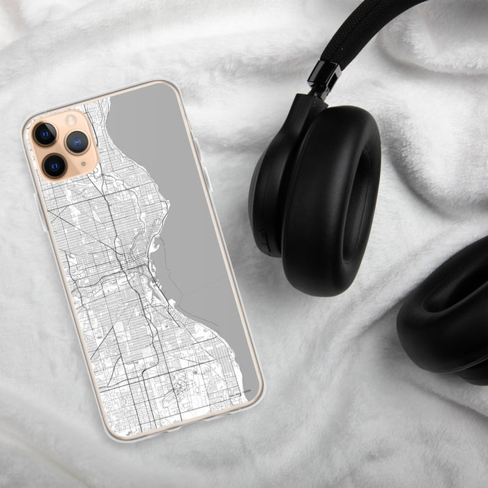Custom Milwaukee Wisconsin Map Phone Case in Classic on Table with Black Headphones