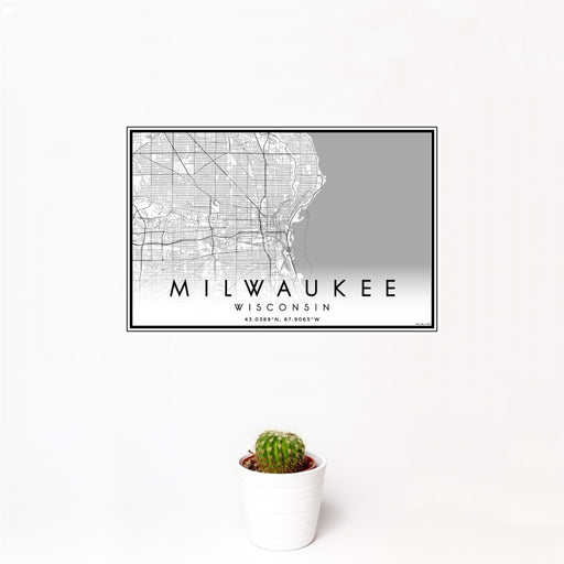 12x18 Milwaukee Wisconsin Map Print Landscape Orientation in Classic Style With Small Cactus Plant in White Planter