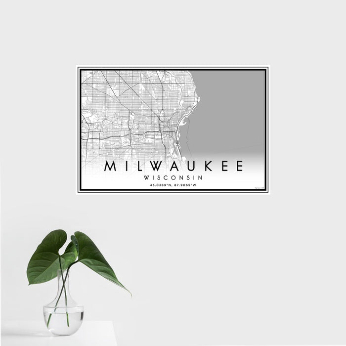 16x24 Milwaukee Wisconsin Map Print Landscape Orientation in Classic Style With Tropical Plant Leaves in Water